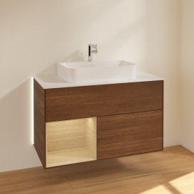 Тумба под раковину Villeroy & Boch Finion 100х50,1 см с подсветкой МДФ шпон грецкого ореха/стекло белое матовое G361PCGN