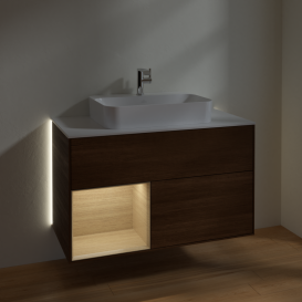 Тумба под раковину Villeroy & Boch Finion 100х50,1 см с подсветкой МДФ шпон грецкого ореха/стекло белое матовое G361PCGN