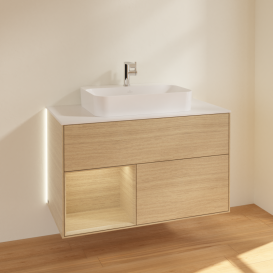 Тумба під раковину Villeroy & Boch Finion 100х50,1 см із підсвічуванням МДФ шпон дуба/скло біле матове G361PCPC