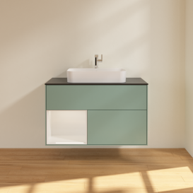 Тумба под раковину Villeroy & Boch Finion 100х50,1 см с подсветкой МДФ оливковый матовый лак/стекло черное матовое G362GFGM