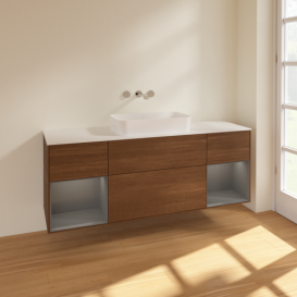 Тумба под раковину Villeroy & Boch Finion 160х50,1 см с подсветкой МДФ шпон грецкого ореха/стекло белое матовое F741GKGN