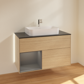 Тумба под раковину Villeroy & Boch Finion 100х50,1 см с подсветкой МДФ шпон дуба/стекло черное матовое G362GKPC