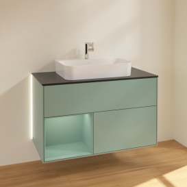 Тумба под раковину Villeroy & Boch Finion 100х50,1 см с подсветкой МДФ оливковый матовый лак/стекло черное матовое G362GMGM