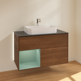 Тумба под раковину Villeroy & Boch Finion 100х50,1 см с подсветкой МДФ шпон грецкого ореха/стекло черное матовое G362GMGN