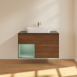 Тумба под раковину Villeroy & Boch Finion 100х50,1 см с подсветкой МДФ шпон грецкого ореха/стекло черное матовое G362GMGN