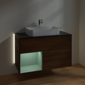 Тумба под раковину Villeroy & Boch Finion 100х50,1 см с подсветкой МДФ шпон грецкого ореха/стекло черное матовое G362GMGN