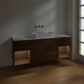 Тумба под раковину Villeroy & Boch Finion 160х50,1 см с подсветкой МДФ шпон грецкого ореха/стекло белое матовое F741GNGN