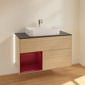 Тумба под раковину Villeroy & Boch Finion 100х50,1 см с подсветкой МДФ шпон дуба/стекло черное матовое G362HBPC