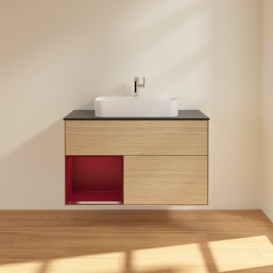 Тумба под раковину Villeroy & Boch Finion 100х50,1 см с подсветкой МДФ шпон дуба/стекло черное матовое G362HBPC