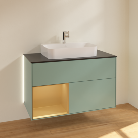 Тумба под раковину Villeroy & Boch Finion 100х50,1 см с подсветкой МДФ оливковый матовый лак/стекло черное матовое G362HFGM