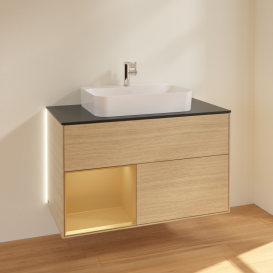 Тумба под раковину Villeroy & Boch Finion 100х50,1 см с подсветкой МДФ шпон дуба/стекло черное матовое G362HFPC