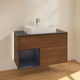 Тумба под раковину Villeroy & Boch Finion 100х50,1 см с подсветкой МДФ шпон грецкого ореха/стекло черное матовое G362HGGN