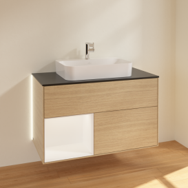 Тумба під раковину Villeroy & Boch Finion 100х50,1 см із підсвічуванням МДФ шпон дуба/скло чорне матове G362MTPC