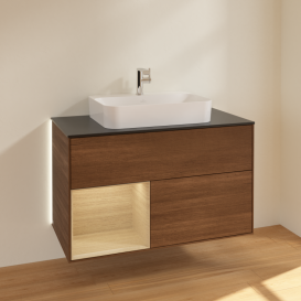 Тумба под раковину Villeroy & Boch Finion 100х50,1 см с подсветкой МДФ шпон грецкого ореха/стекло черное матовое G362PCGN