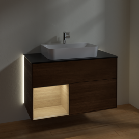 Тумба под раковину Villeroy & Boch Finion 100х50,1 см с подсветкой МДФ шпон грецкого ореха/стекло черное матовое G362PCGN