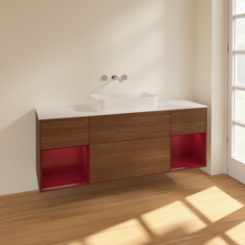 Тумба под раковину Villeroy & Boch Finion 160х50,1 см с подсветкой МДФ шпон грецкого ореха/стекло белое матовое F741HBGN