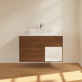 Тумба под раковину Villeroy & Boch Finion 100х50,1 см с подсветкой МДФ шпон грецкого ореха/стекло белое матовое F371GFGN