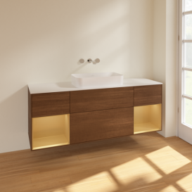 Тумба под раковину Villeroy & Boch Finion 160х50,1 см с подсветкой МДФ шпон грецкого ореха/стекло белое матовое F741HFGN