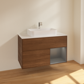 Тумба под раковину Villeroy & Boch Finion 100х50,1 см с подсветкой МДФ шпон грецкого ореха/стекло белое матовое F371GKGN