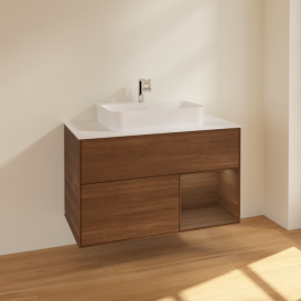 Тумба под раковину Villeroy & Boch Finion 100х50,1 см с подсветкой МДФ шпон грецкого ореха/стекло белое матовое F371GNGN