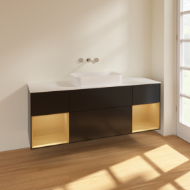 Тумба под раковину Villeroy & Boch Finion 160х50,1 см с подсветкой МДФ черный матовый лак/стекло белое матовое F741HFPD