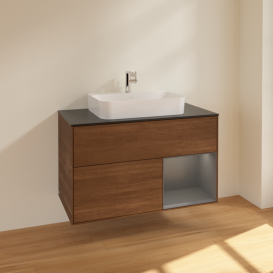 Тумба под раковину Villeroy & Boch Finion 100х50,1 см с подсветкой МДФ шпон грецкого ореха/стекло черное матовое F372GKGN