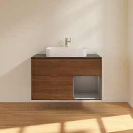 Тумба под раковину Villeroy & Boch Finion 100х50,1 см с подсветкой МДФ шпон грецкого ореха/стекло черное матовое F372GKGN