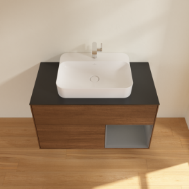 Тумба под раковину Villeroy & Boch Finion 100х50,1 см с подсветкой МДФ шпон грецкого ореха/стекло черное матовое F372GKGN