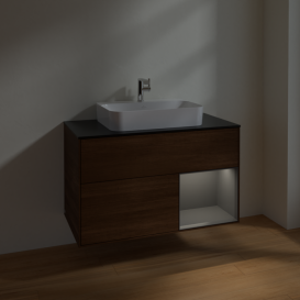 Тумба под раковину Villeroy & Boch Finion 100х50,1 см с подсветкой МДФ шпон грецкого ореха/стекло черное матовое F372GKGN
