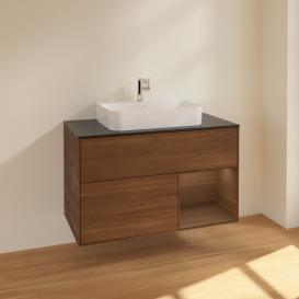 Тумба під раковину Villeroy & Boch Finion 100х50,1 см із підсвічуванням МДФ шпон волоського горіха/скло чорне матове F372GNGN