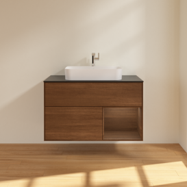 Тумба под раковину Villeroy & Boch Finion 100х50,1 см с подсветкой МДФ шпон грецкого ореха/стекло черное матовое F372GNGN