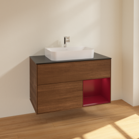 Тумба под раковину Villeroy & Boch Finion 100х50,1 см с подсветкой МДФ шпон грецкого ореха/стекло черное матовое F372HBGN