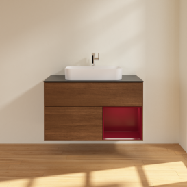 Тумба под раковину Villeroy & Boch Finion 100х50,1 см с подсветкой МДФ шпон грецкого ореха/стекло черное матовое F372HBGN