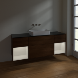 Тумба под раковину Villeroy & Boch Finion 160х50,1 см с подсветкой МДФ шпон грецкого ореха/стекло черное матовое F742GFGN