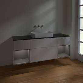 Тумба под раковину Villeroy & Boch Finion 160х50,1 см с подсветкой МДФ глянцевый белый лак/стекло черное матовое F742GJGF