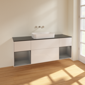 Тумба під раковину Villeroy & Boch Finion 160х50,1 см з підсвічуванням МДФ білий глянцевий лак/скло чорне матове F742GJGF