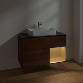 Тумба под раковину Villeroy & Boch Finion 100х50,1 см с подсветкой МДФ шпон грецкого ореха/стекло черное матовое F372HFGN