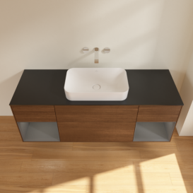 Тумба під раковину Villeroy & Boch Finion 160х50,1 см із підсвічуванням МДФ шпон волоського горіха/скло чорне матове F742GKGN