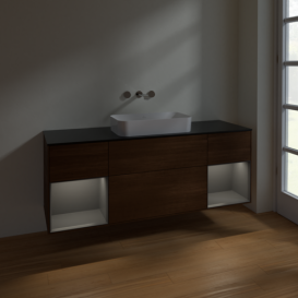 Тумба під раковину Villeroy & Boch Finion 160х50,1 см із підсвічуванням МДФ шпон волоського горіха/скло чорне матове F742GKGN