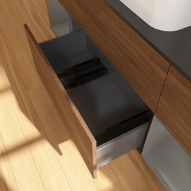 Тумба під раковину Villeroy & Boch Finion 160х50,1 см із підсвічуванням МДФ шпон волоського горіха/скло чорне матове F742GKGN