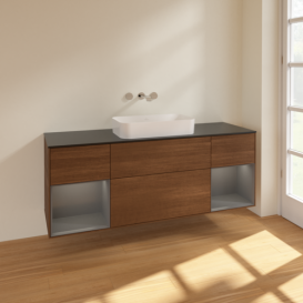 Тумба під раковину Villeroy & Boch Finion 160х50,1 см із підсвічуванням МДФ шпон волоського горіха/скло чорне матове F742GKGN