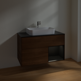 Тумба под раковину Villeroy & Boch Finion 100х50,1 см с подсветкой МДФ шпон грецкого ореха/стекло черное матовое F372PDGN