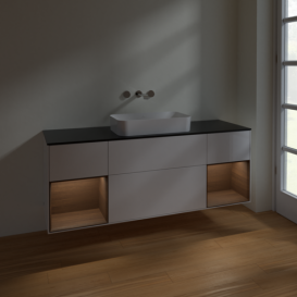 Тумба под раковину Villeroy & Boch Finion 160х50,1 см с подсветкой МДФ глянцевый белый лак/стекло черное матовое F742GNGF