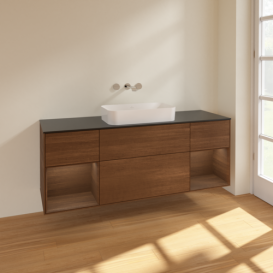 Тумба под раковину Villeroy & Boch Finion 160х50,1 см с подсветкой МДФ шпон грецкого ореха/стекло черное матовое F742GNGN