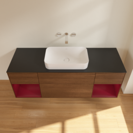 Тумба под раковину Villeroy & Boch Finion 160х50,1 см с подсветкой МДФ шпон грецкого ореха/стекло черное матовое F742HBGN