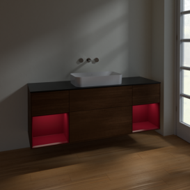 Тумба под раковину Villeroy & Boch Finion 160х50,1 см с подсветкой МДФ шпон грецкого ореха/стекло черное матовое F742HBGN