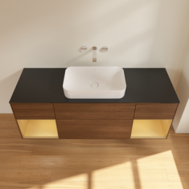 Тумба под раковину Villeroy & Boch Finion 160х50,1 см с подсветкой МДФ шпон грецкого ореха/стекло черное матовое F742HFGN
