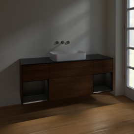 Тумба под раковину Villeroy & Boch Finion 160х50,1 см с подсветкой МДФ шпон грецкого ореха/стекло черное матовое F742PDGN