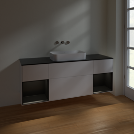 Тумба под раковину Villeroy & Boch Finion 160х50,1 см с подсветкой МДФ белый матовый лак/стекло черное матовое F742PDMT