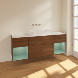 Тумба под раковину Villeroy & Boch Finion 160х50,1 см с подсветкой МДФ шпон грецкого ореха/стекло белое матовое F741GMGN